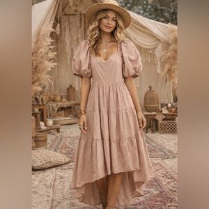 Mustard Seed Boho Puff Sleeve Tiered Midi Dress Cottagecore Prairie Chic